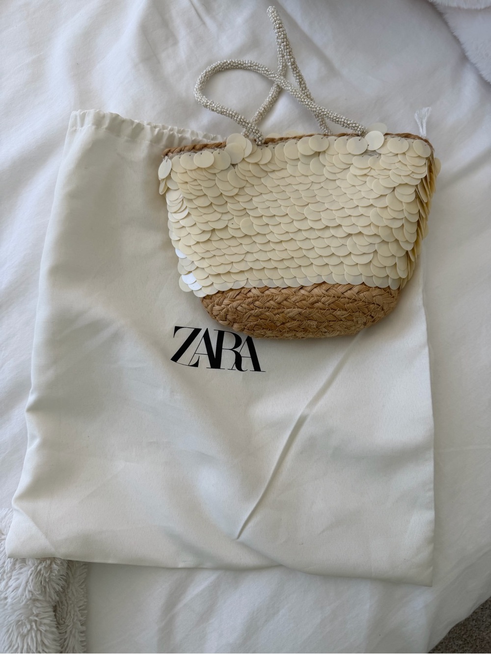 ZARA Cream Sequin & Straw Mini Crossbody with Beaded Strap